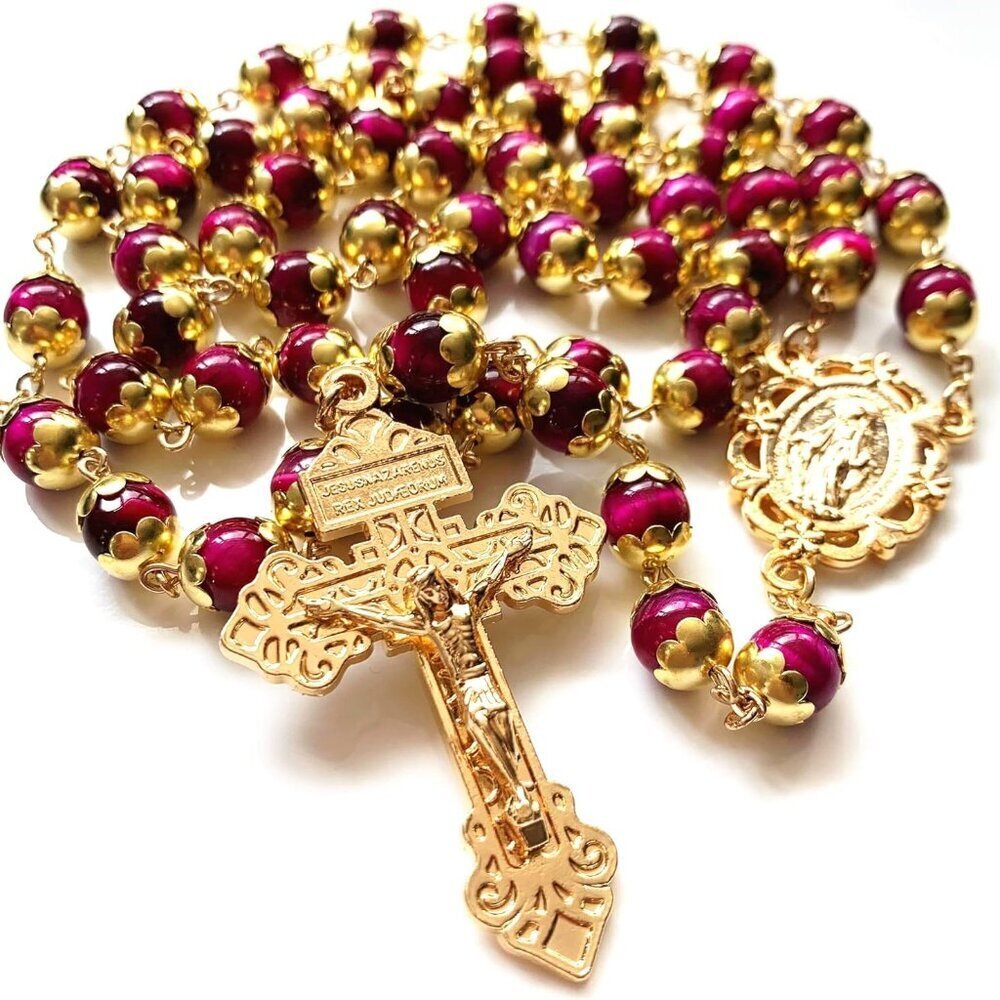 Catholic Rosary Necklace Handcrafted Tiger Eye Beads Pearl Cross Gift